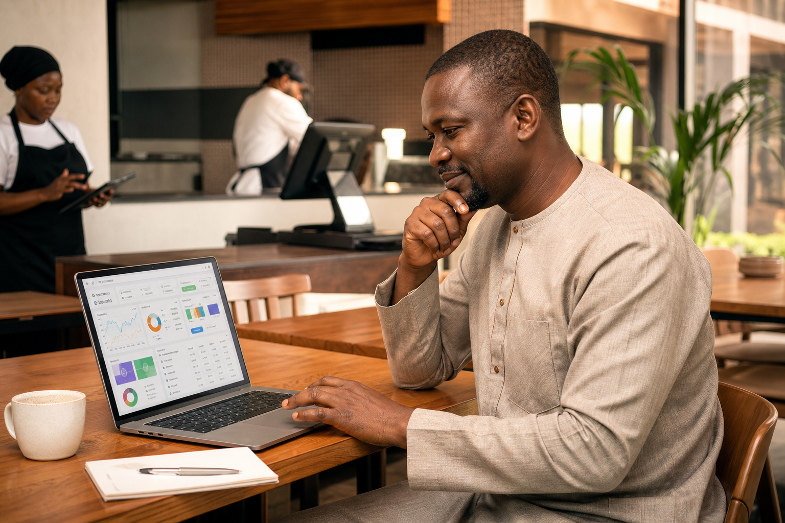 Propriétaire de restaurant utilisant un logiciel de gestion en Afrique francophone