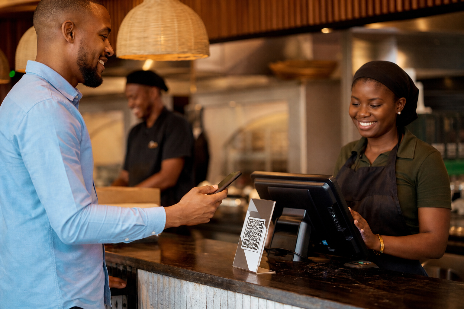 Paiement Mobile Money dans un restaurant avec caisse connectée