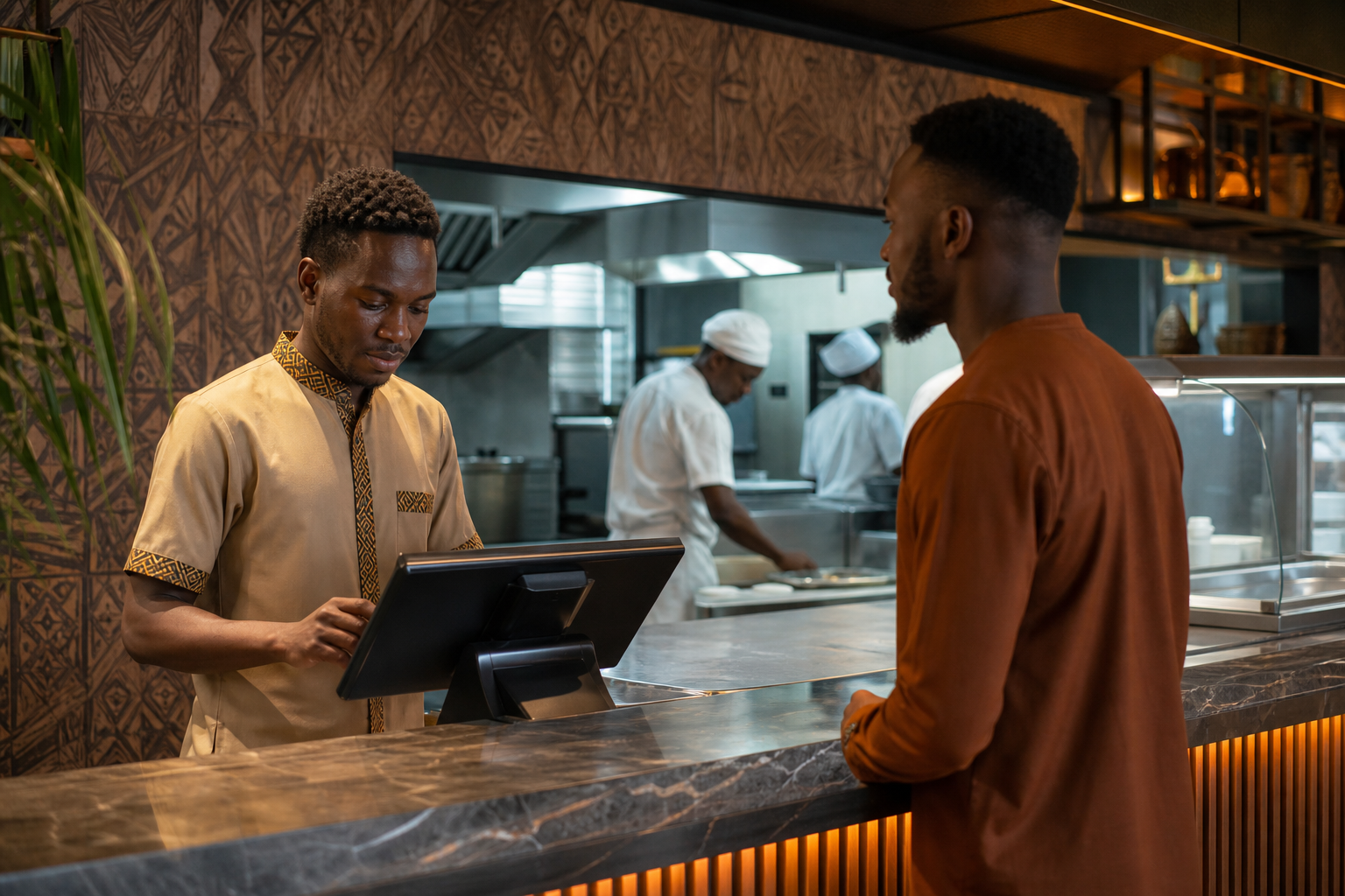Serveur utilisant un système POS restaurant moderne pour gérer les commandes