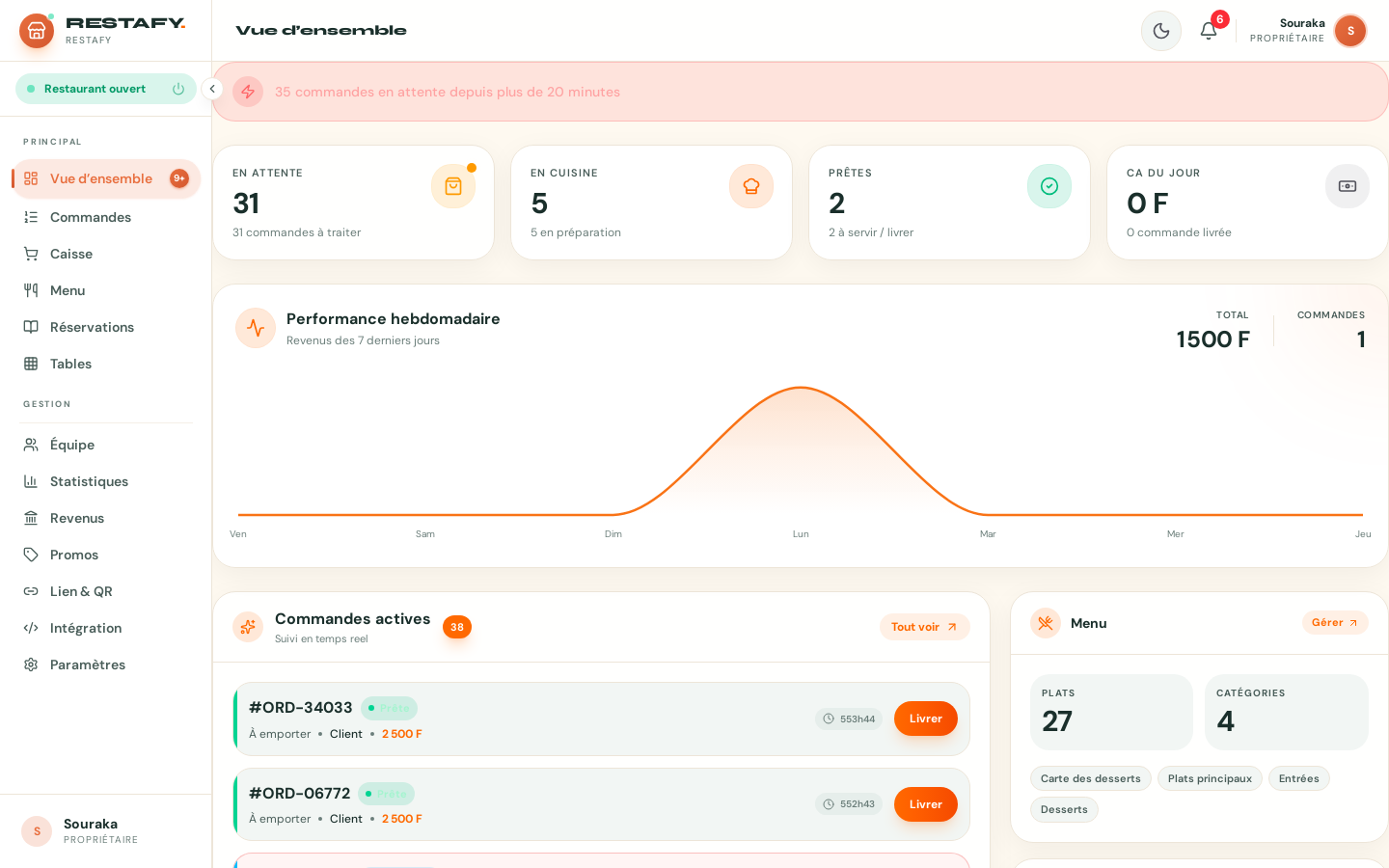 Dashboard OMS Restafy — commandes en temps réel